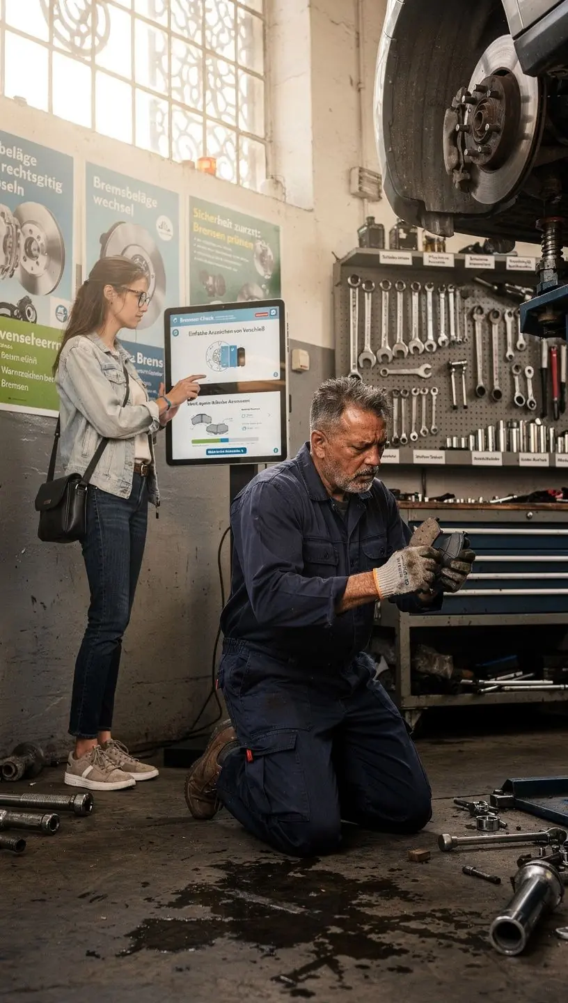 Mechaniker überprüft den Reifendruck und das Profil eines Pkw-Reifens in einer deutschen Werkstatt.