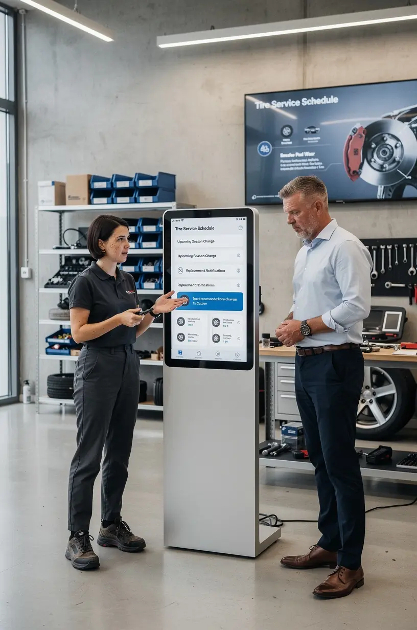 Fahrzeugbesitzer nutzt ein Online-Buchungsformular auf einem Tablet zur Terminvereinbarung für den Werkstattservice.